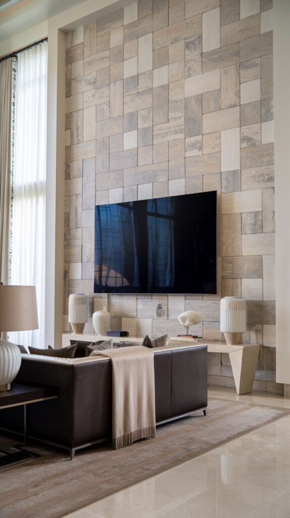 Bright modern living space featuring a wall covered in staggered, rectangular blocks of light beige and grey multi-toned stone or tile, providing texture behind the TV.