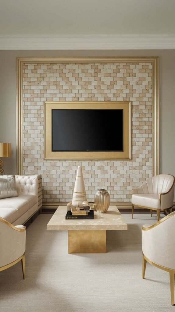Elegant living room with a TV centered on a rectangular accent of small, light subway-style tiles, bordered by thick, dual gold metallic frames.