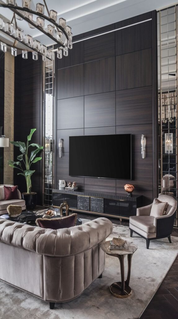 High-ceiling modern room featuring a massive, tall accent wall covered in dark, high-gloss vertical wood panels, with the TV centered on a section of horizontal panels below.