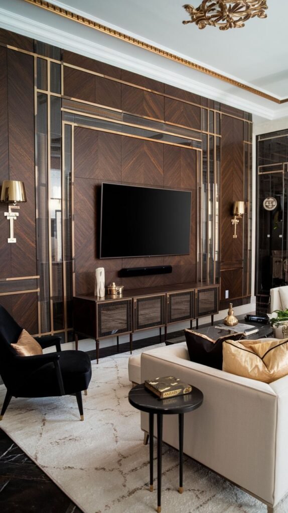 Art Deco inspired media wall featuring dark wood panels laid in a chevron pattern, detailed with an intricate geometric grid created by gold metallic strips.