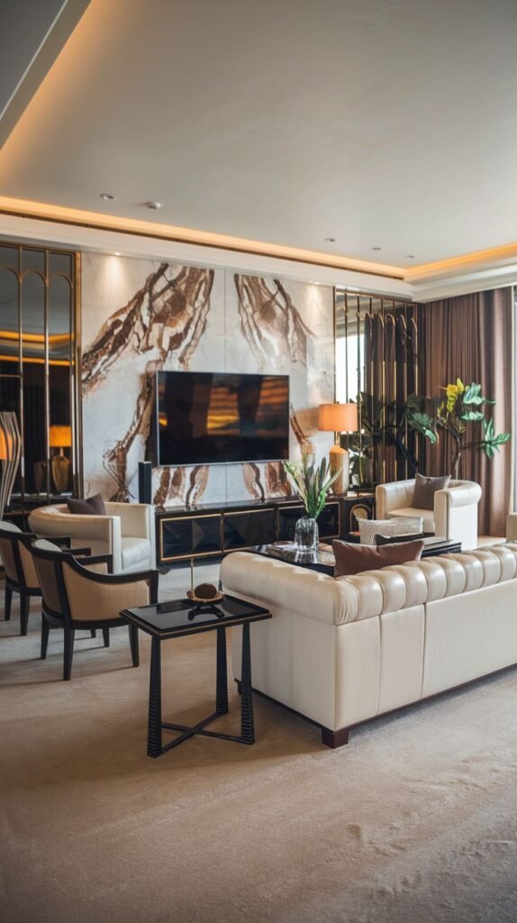 Luxurious living room with the TV centered on two large, book-matched slabs of veined white and brown/ochre marble, flanked by mirrored panels with arched metallic trim.