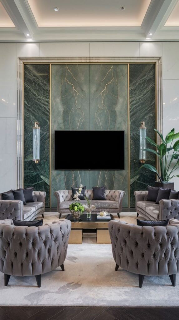 Formal living space centered on a massive slab of deep emerald green marble with prominent white and gold veining, framed by thick brass trim and set against light marble walls.