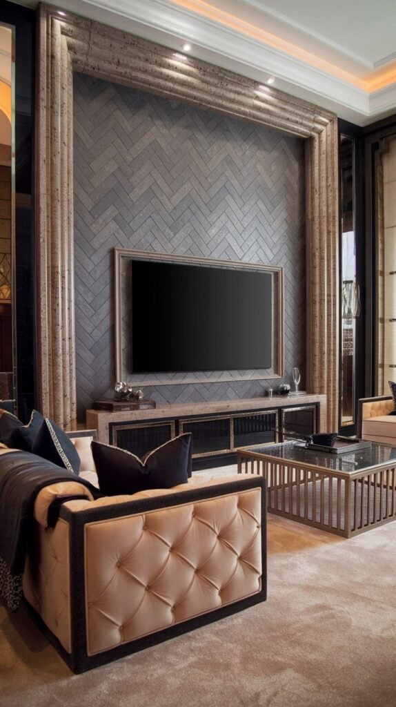 Media room featuring a wall of dark grey rectangular tiles laid in a precise herringbone pattern, framed entirely by a thick, carved light brown decorative frame.