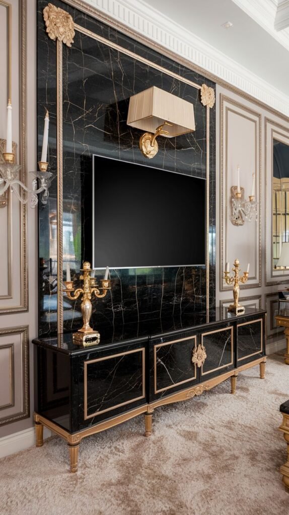 Classic opulent media wall featuring a central panel of polished black marble with light veining, framed in heavy gold molding, and accented with traditional wall sconces and candelabra.