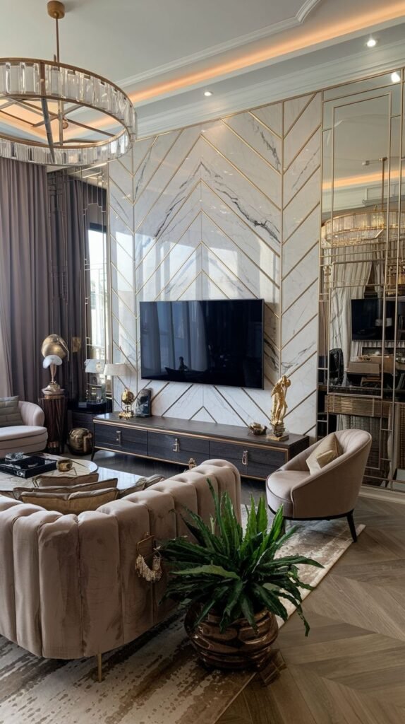 Modern luxury living room where the TV wall is covered in white/grey veined marble overlaid with thin, bright gold metallic strips forming a dramatic chevron or diagonal pattern.