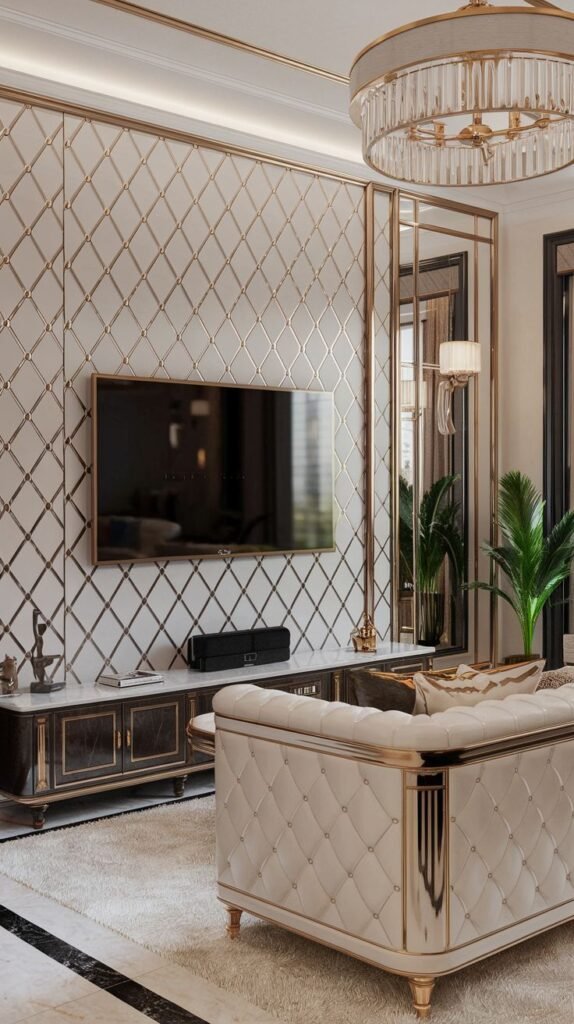 Opulent living space showing a side view of a large accent wall covered in small, textured white diamond tiles bordered by vertical gold metallic strips, with the TV mounted centrally.