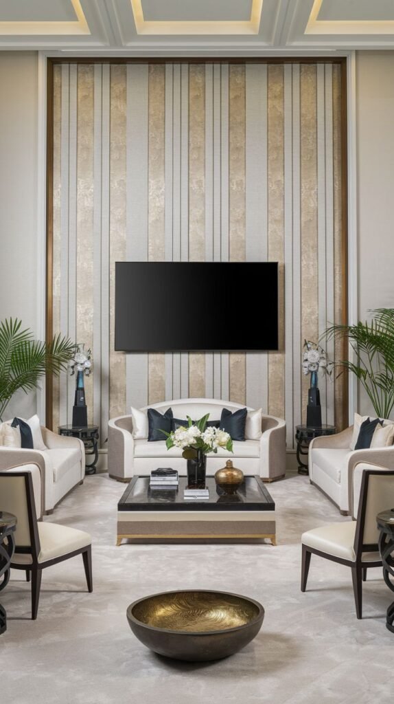 Symmetrical formal living room featuring an accent wall composed of alternating vertical stripes of light solid material and beige/gold textured or patterned panels, framed by vertical brass columns.