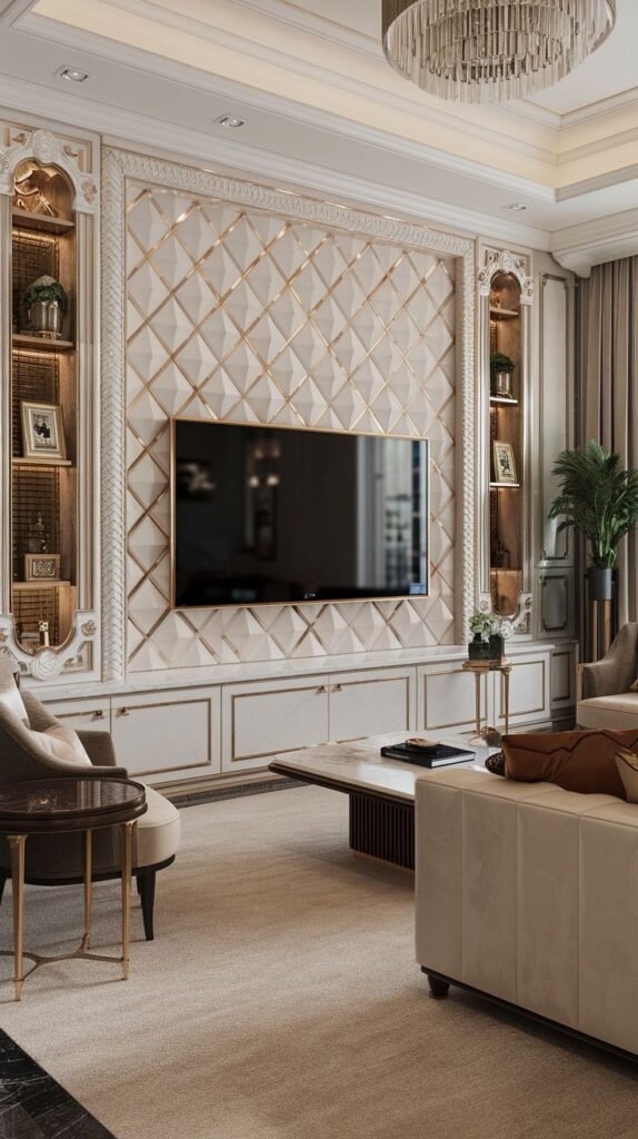 Luxury living room featuring a wall-mounted television centered on a three-dimensional quilted or diamond-patterned accent wall paneling, highlighted by gold metallic edging and framed by classical, illuminated built-in shelving niches.