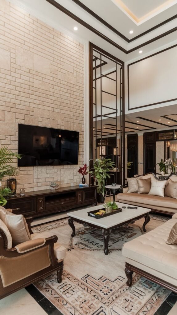 Two-story traditional living room featuring a very tall accent wall covered in large, light beige stone or brick veneer tiles behind the television and a dark wooden media console.