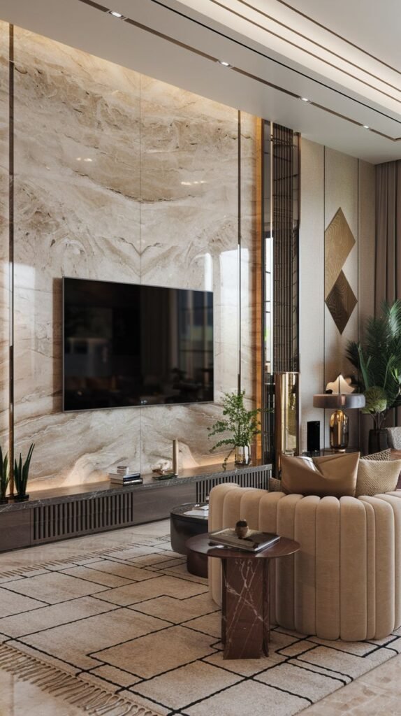Modern living room with the TV against a large panel of polished beige and brown swirled natural stone or marble, visually separated by thin vertical metallic strip inserts.