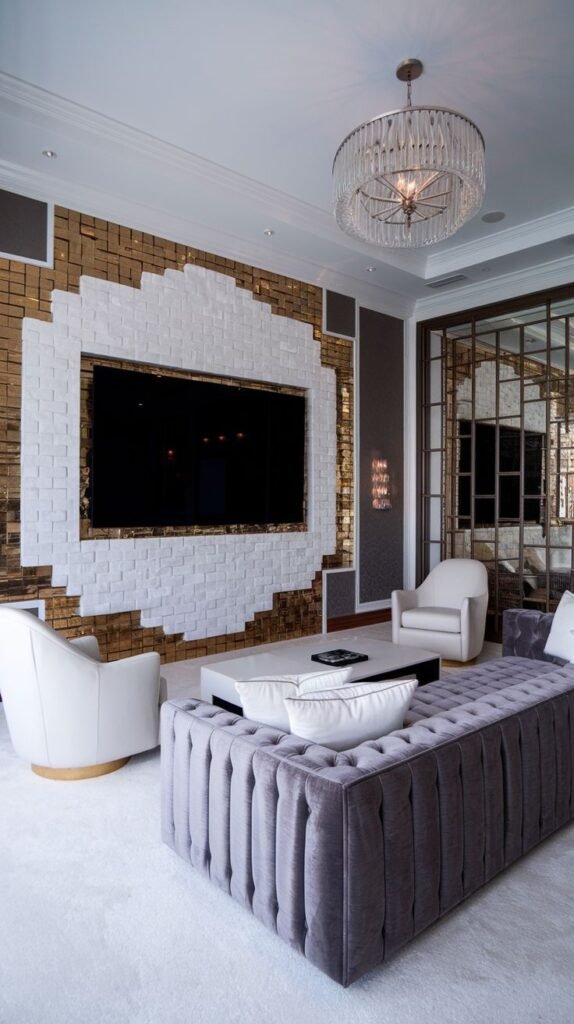 High-contrast media room showing a dark TV screen framed by a rectangular section of dimensional white, raised subway-style tiles, which is itself bordered by square, reflective gold tiles.