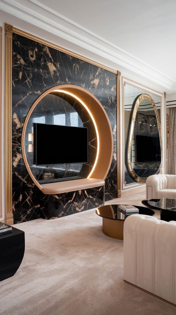 Luxurious wall design featuring a black marble slab with prominent gold veining, where the TV is set inside a large, illuminated circular recess lined with a warm, beige material.