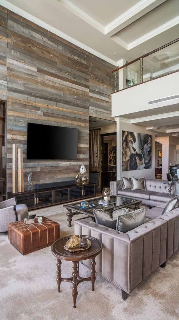 Tall, rustic-modern living room featuring a floor-to-ceiling accent wall covered in horizontal planks of reclaimed or multi-toned natural wood.