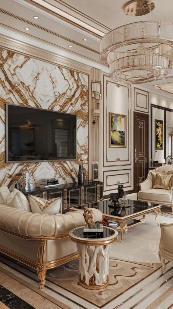 Highly ornate living room showcasing a central marble accent wall characterized by massive, shattered veins in amber and gold across a white background, with the TV mounted centrally.