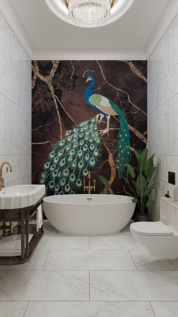 Opulent luxury bathroom with a large, dramatic peacock mosaic mural set against a dark brown, richly veined stone accent wall above a white freestanding bathtub.
