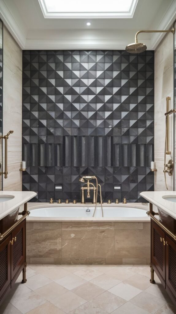 Symmetrical luxury accent wall composed of contrasting dark textures: an upper section of 3D pyramid tiles transitioning to a lower section of sculpted vertical bar tiles above a sunken tub.