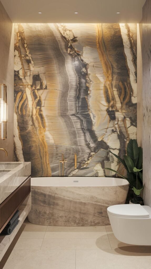 Dramatic luxury accent wall featuring a floor-to-ceiling polished stone slab with powerful vertical striations in black, gray, brown, and highly concentrated gold tones.