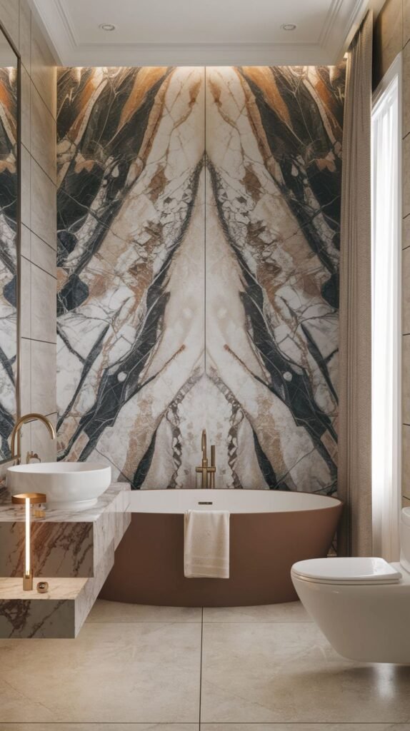 High-impact luxury accent wall created by bookmatched marble slabs featuring sharp, symmetrical patterns of black, white, and rusty brown veining.