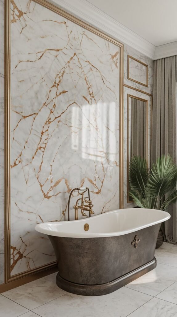 Classic luxury accent wall with a white marble panel displaying prominent gold veining, framed by thin, elegant gold metal molding surrounding a dark, antique-style bathtub.