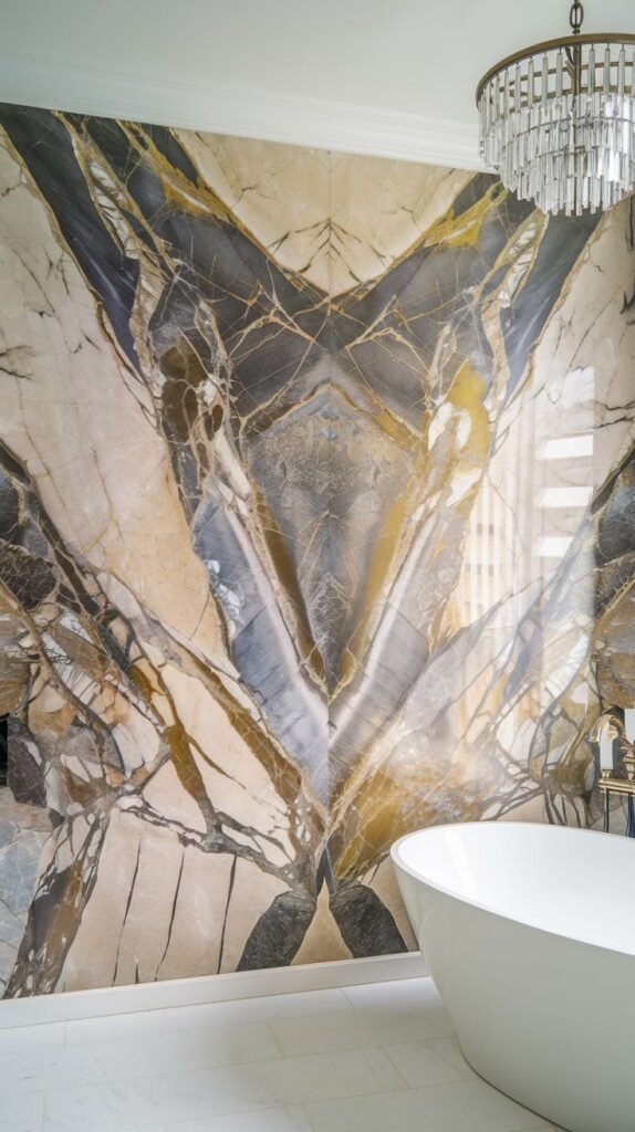 Magnificent luxury accent wall made of bookmatched stone, displaying symmetrical veining in gold, gray, and black that converges into a central "butterfly wing" motif.