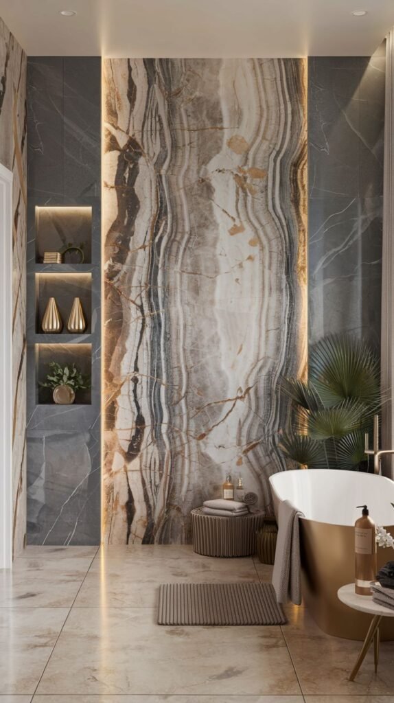 Vertically oriented luxury accent panel made of a thick onyx slab with flowing bands of gold, brown, and gray, highlighted by dramatic vertical backlighting.