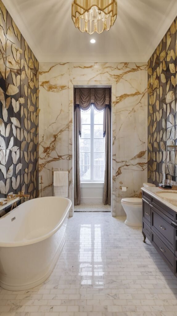 Grand luxury bathroom featuring a central white marble slab accent wall with prominent gold veining, framed by textured dark paneling adorned with gold leaf-style foliage.