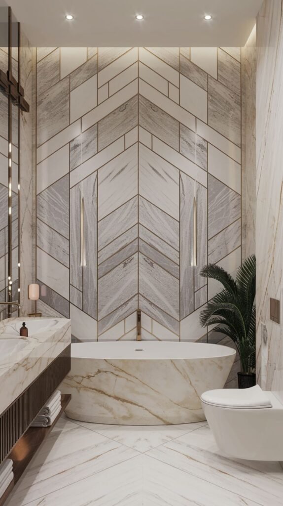 Sophisticated luxury accent wall of geometric marble parquetry arranged in chevron patterns, defined and enhanced by fine metallic gold inlays.