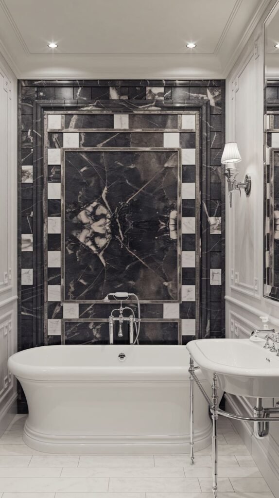 Highly stylized luxury accent panel framing a dark, black marble slab with white veining, bordered by polished silver trim and small contrasting black and white square marble tiles.