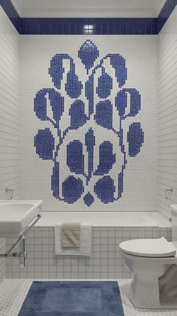 Nautical luxury accent wall above a bathtub featuring a large, centralized floral or botanical design rendered in bright blue mosaic tiles on a white hexagonal tile background.