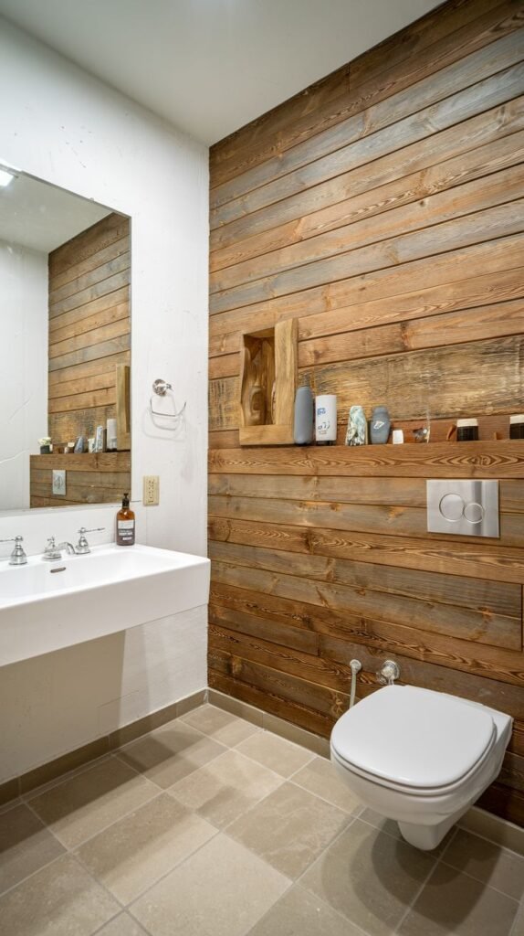 Rustic yet refined luxury bathroom accent wall clad in horizontal planks of weathered, textured wood paneling with rich brown hues.