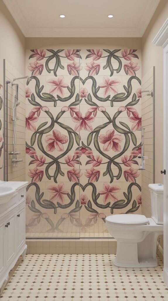 Art Nouveau inspired luxury shower accent wall featuring large tiles with a repeating symmetrical floral motif in soft pink/red and muted green colors.