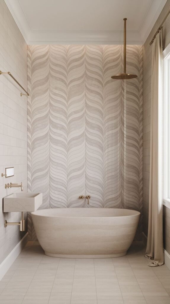 Tranquil luxury accent wall featuring vertical tiles arranged in a continuous, soft undulating wave pattern in subtle light beige and tan tones behind a stone bathtub.