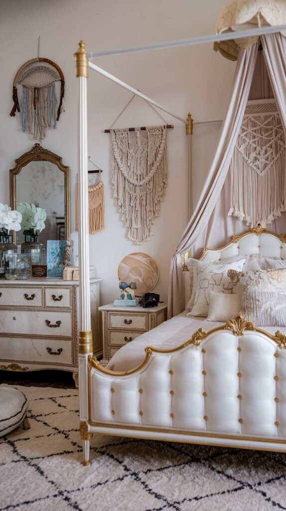 Ornate white and gold upholstered bed with a draped canopy, layered macrame wall hangings, and a shaggy geometric rug in a detailed Beachy Boho Bedroom.