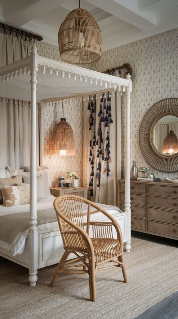 White carved four-poster bed in a neutral Beachy Boho Bedroom, accented by layered rattan pendant lights, a large rattan chair in the foreground, and dark tassel wall hangings.