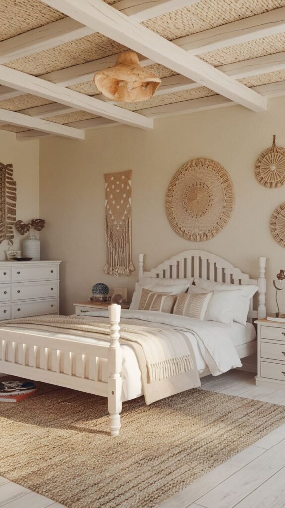 Bright, monochromatic Beachy Boho Bedroom featuring white furniture, a straw-paneled ceiling, large round woven wall art, and a thick braided jute rug.