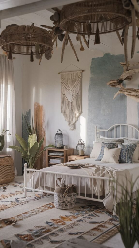 Rustic and eclectic Beachy Boho Bedroom with distressed paint walls, a white metal bed, intricate woven chandeliers, and a patterned rug with blue and earth tones.