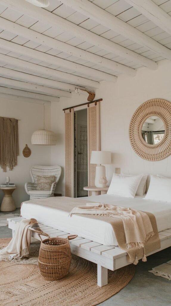 Airy Beachy Boho Bedroom sanctuary with a low whitewashed slatted platform bed, a round rattan mirror, white rattan chair, and a large round woven basket.