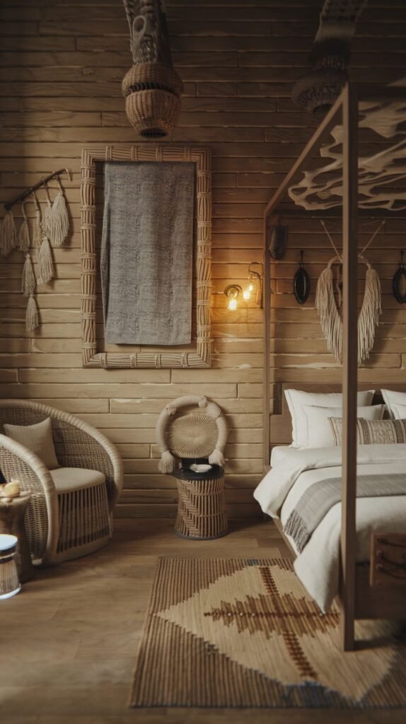 Cabin-inspired Beachy Boho Bedroom fully paneled in warm wood, featuring a rustic four-poster bed, rattan seating, and layered tribal/geometric rugs.