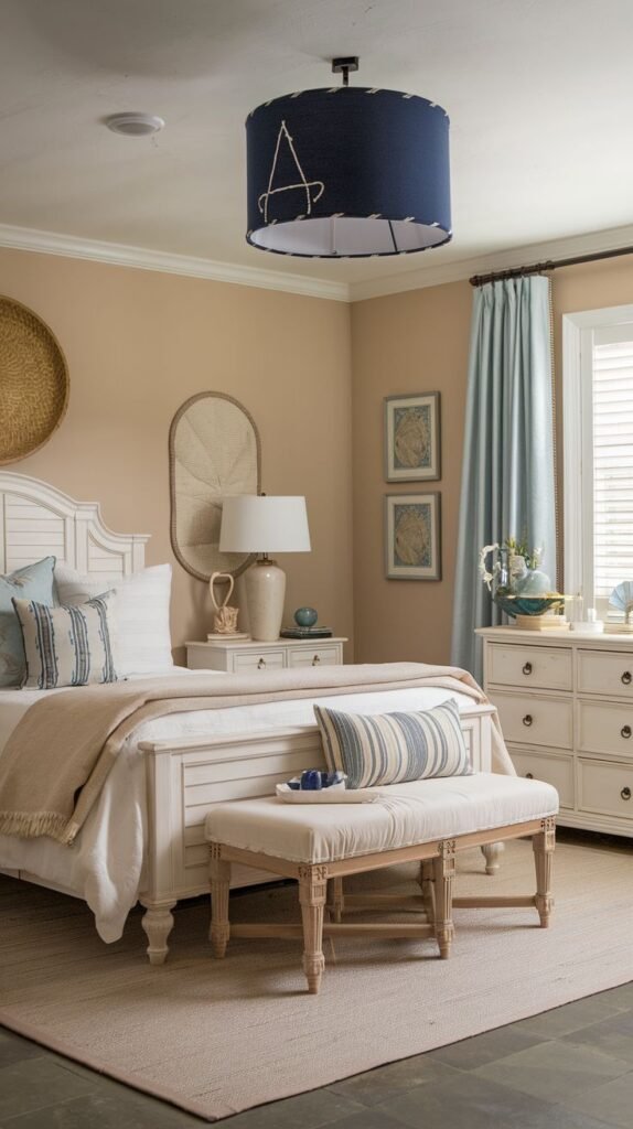 Classic coastal Beachy Boho Bedroom featuring white slatted furniture, a large navy blue drum pendant light with white stitching, and blue striped bench upholstery.