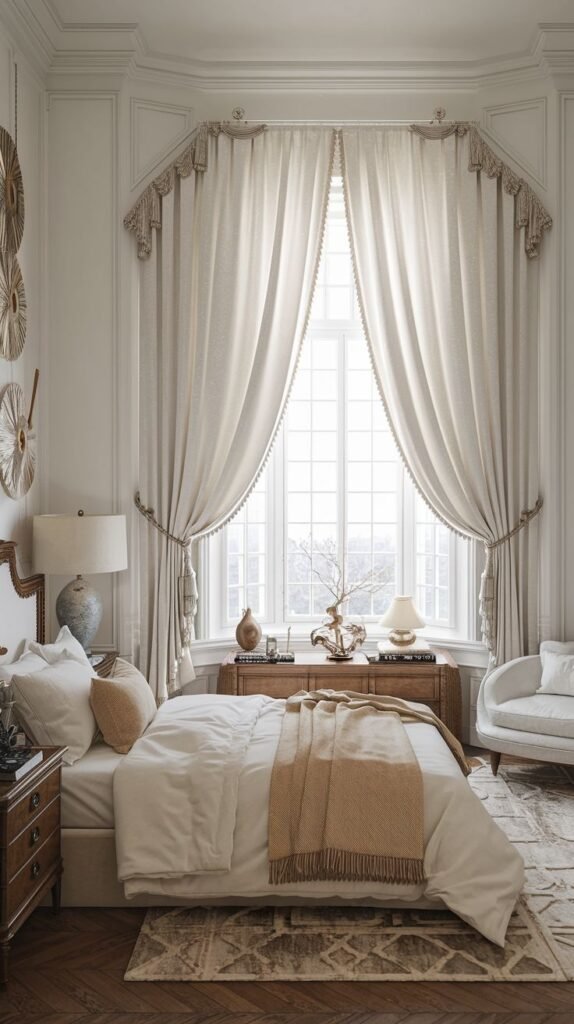 Traditional Beachy Boho Bedroom featuring a huge bay window dressed with luxurious cream curtains tied back, dark wood furniture, and classical wall molding.