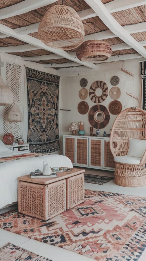 Maximalist Beachy Boho Bedroom with multiple oversized rattan pendant lights, a colorful patterned rug, a woven egg chair, and a tapestry hanging on the wall.