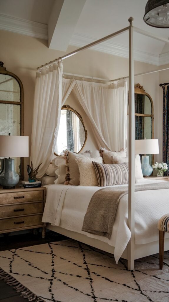 Elegant white four-poster bed in a Beachy Boho Bedroom with sheer curtain canopy, mirrored symmetry using large antique-style arched mirrors, and textured throw pillows.