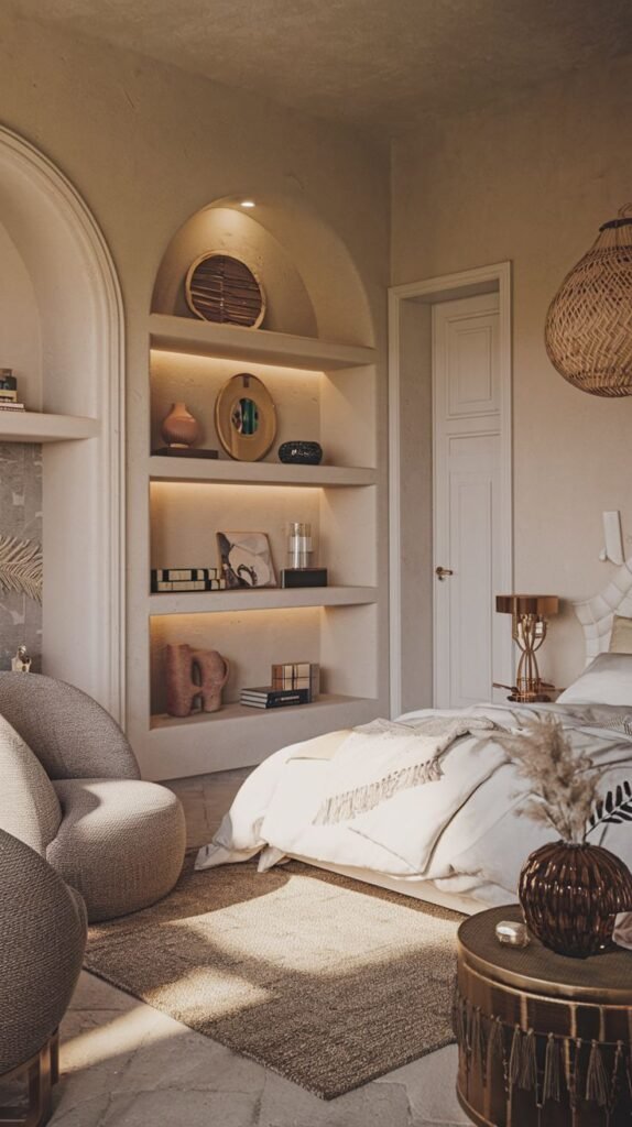 Modern minimalist Beachy Boho Bedroom featuring built-in arched shelving with recessed lighting, rounded seating, and an exposed woven basket pendant light.