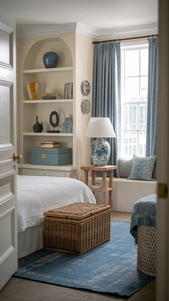 Coastal Beachy Boho Bedroom featuring soft blue curtains and rug, built-in arched shelving, a woven trunk at the foot of the bed, and a window seat.