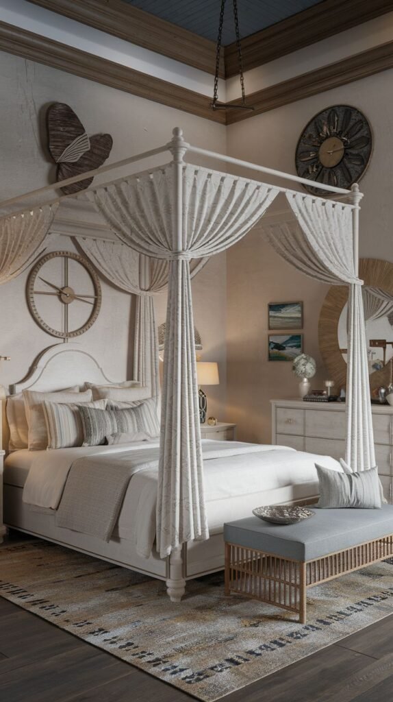 Maritime-themed Beachy Boho Bedroom featuring a draped canopy bed, distressed walls, large coastal decorative accents (ship's wheel, clock), and a slatted bench.
