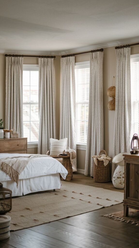 Naturally lit Beachy Boho Bedroom with three tall windows, neutral patterned curtains, rustic wooden furniture, layered natural rugs, and woven storage baskets.