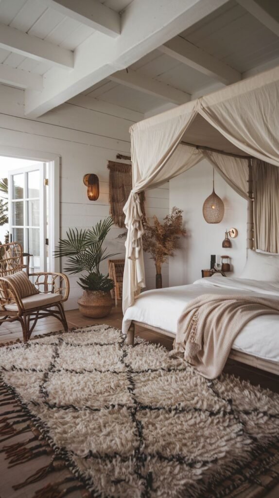 Canopy bed, shaggy area rug, rattan chair, palm plant, and woven pendant lights in a neutral Beachy Boho Bedroom.