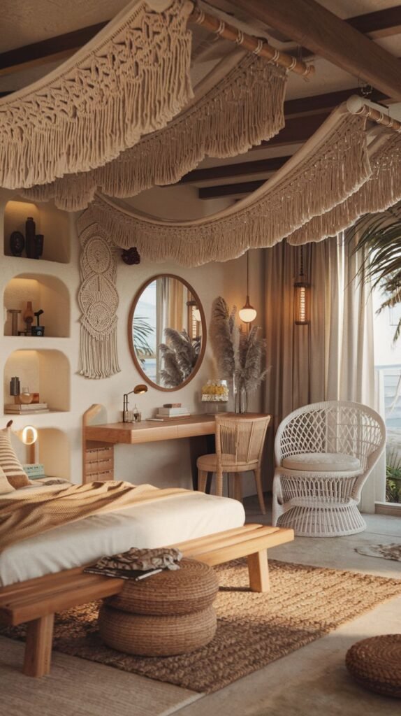 Natural wood desk area framed by massive macrame fringe draped over exposed ceiling beams, built-in wall niches, and a white woven peacock chair in a Beachy Boho Bedroom.
