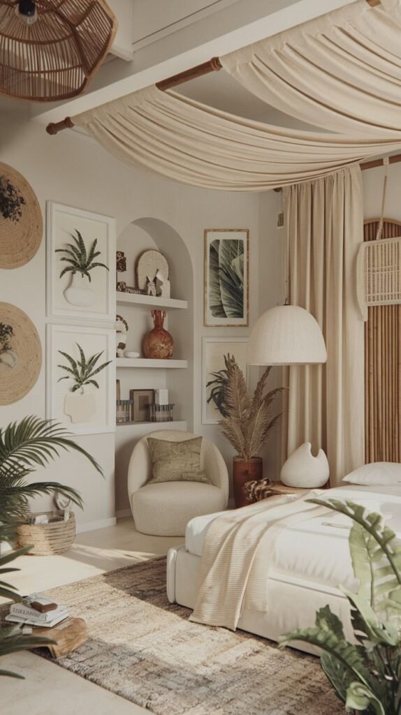 White bed with draped fabric canopy, large woven pendant light, bamboo wall paneling, and abundant tropical plants defining a serene Beachy Boho Bedroom.
