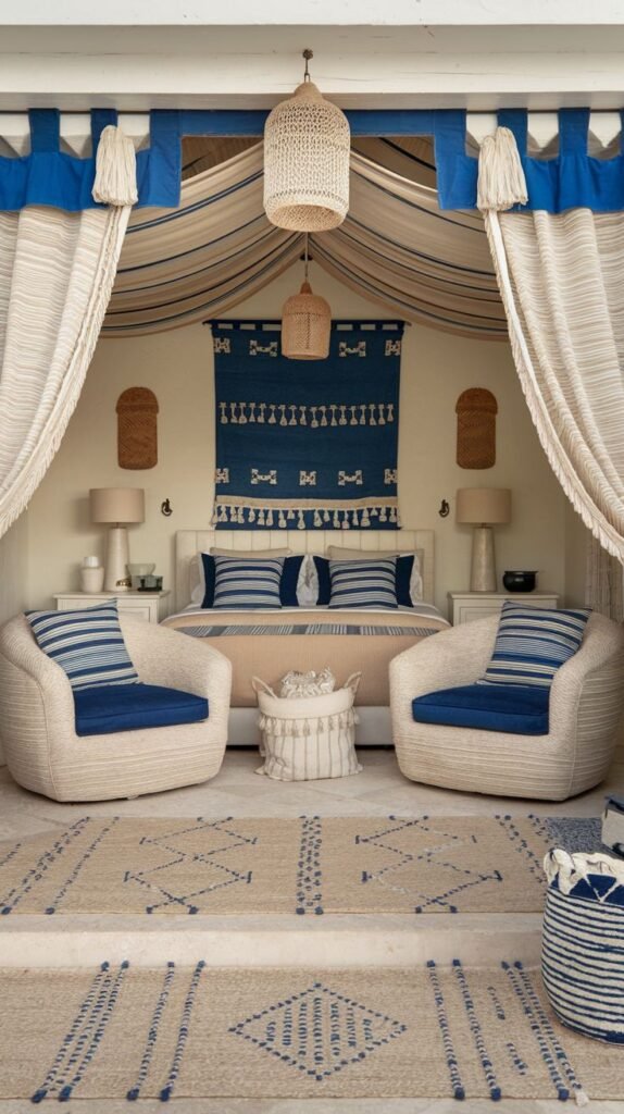 Nautical inspired canopy retreat featuring striped fabric, bold cobalt blue accents on furniture and textiles, and textured geometric rugs in a Beachy Boho Bedroom.